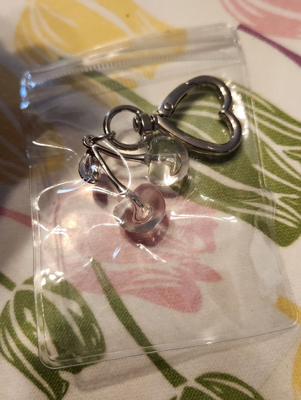 Silver Heart Key Ring Keychain with Clear Cherry Charms